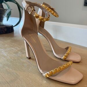 Stuart Weitzman Blush Patent Ankle-Strap Heels with Gold Stud Trim